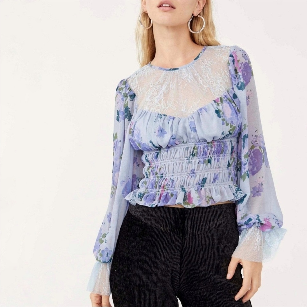 BOGO! NWT Free People Daphne Silver Blue Floral Lace Smocked Blouse M